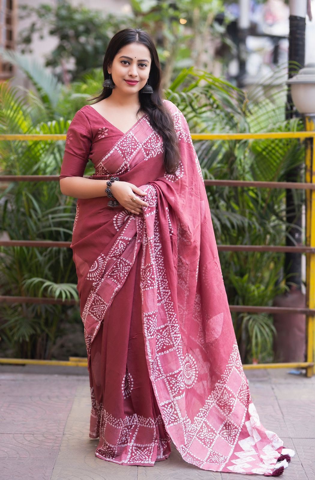 Brick-Pink Chanderi Cotton Double Batik Saree